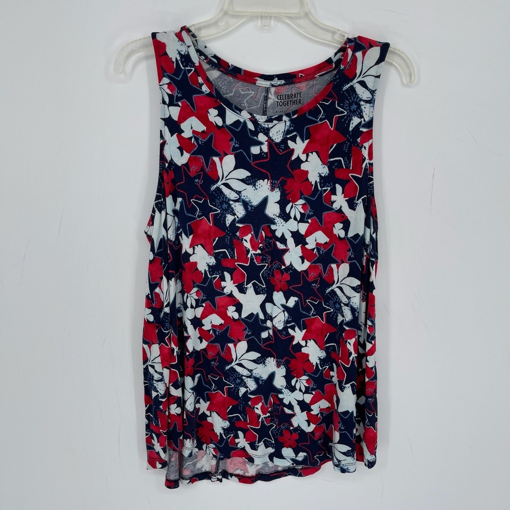 Celebrate Together Women's Red Patriotic Star Floral Sleeveless Tank Top Size XL